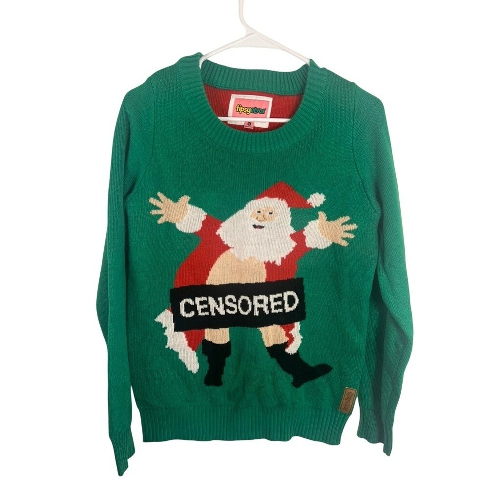 Tipsy Elves Men Med Censored Santa Ugly Christmas Sweater‎ Green Holiday Festive